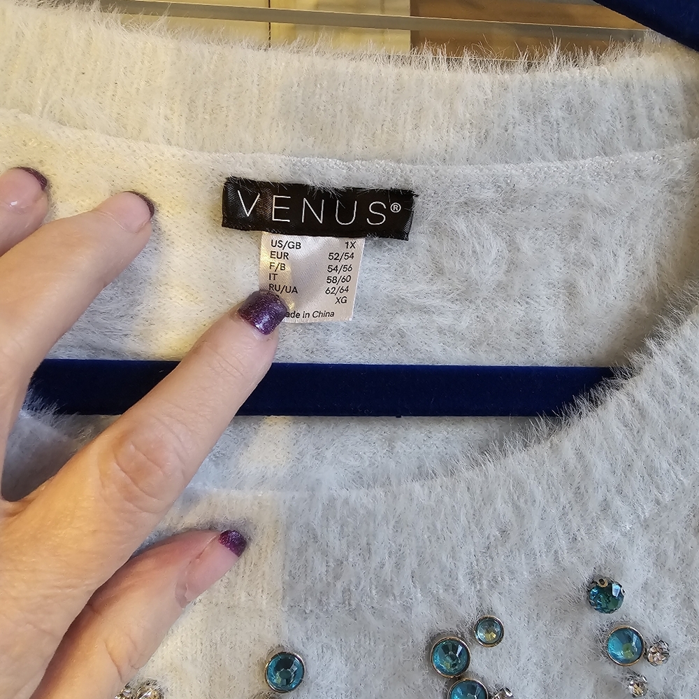 Venus Fuzzy White Sweater with Gem Accents